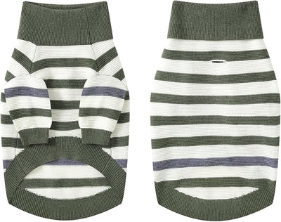 Small Dog Sweater, Knitted Striped Pullover Dog Clothes, Indoor Cozy Stretchy Pajamas for Chihuahua, Bulldog, Dachshund, Pug(Green&White Strip, L)