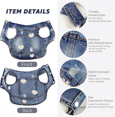 Dog Denim Jacket with Embroidered Daisy, Ripped Vintage Jean Vest for Small Dogs, Puppy, Pugs, Chihuahuas, Spring Summer Fall Festival Outfit, Medium (Fits Chest 13-14")