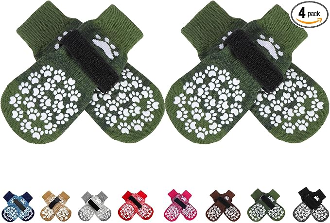 Anti Slip Dog Socks to Prevent Licking Paws, Shoes for Hot Pavement, Dog Booties for Small Medium Large Senior Dogs, Traction Control Boots & Paw Protectors for Hardwood Floors ArmyGreen