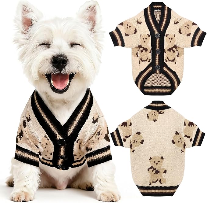 PETCARE Small Dog Sweater Cute Bear Dog Cardigan Coat Clothes for Small Medium Dogs Boy Girl Cat Sweaters Clothes for Cats Only Soft Warm Fall Winter Puppy Knitted Outfits Chihuahua Shih Tzu, Beige