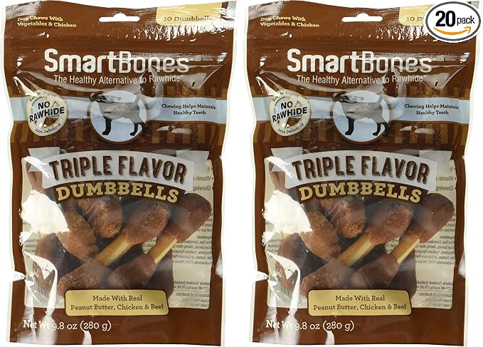 SmartBones Triple Flavor Dumbbells with Peanut Butter,Rawhide-Free Chews for Dogs,(Pack of 20)