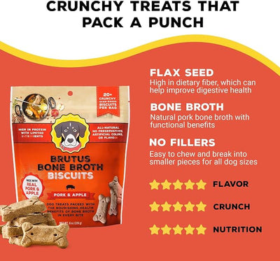 BRUTUS BONE BROTH Biscuits for Dogs - Protein-Rich Dog Treats with Bone Broth and Real Pork & Apple - All Natural and Tasty - 8oz, Pack of 6, Pork and Apple Flavor