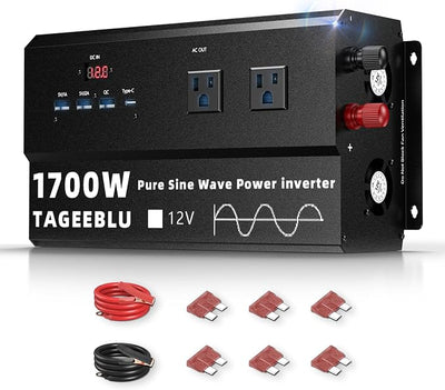 1700W Pure Sine Wave Power Inverter 12V DC to 110V 120V AC for Solar, Truck | Inverter for Car with 4 AC Outlets & 4 USB (30W QC & PD), LCD Display, 3400W Peak, Car Converter for RV Home Off-Grid Camping