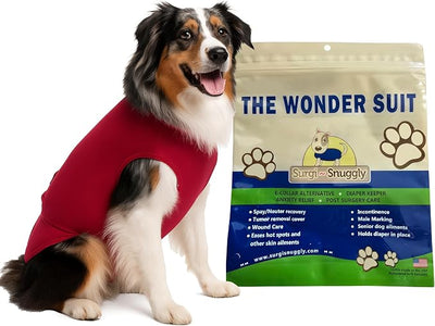 SurgiSnuggly Veterinary Invented Dog Surgical Recovery Suit for Female Spay or Male Dogs Neuters Onesie,Cone Alternative, Original Onesie Bodysuit for After Surgery Small, Medium, Large Dogs Red ML EC