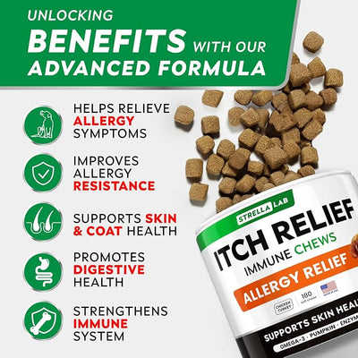 StrellaLab Dog Allergy Relief & Anti Itch Support Chews w/Omega 3, Pumpkin, Enzymes & Turmeric: Real Ingredients, Real Taste! Skin & Coat Immune Supplement w/Fish Oil - Made in USA - 180Ct - Chicken