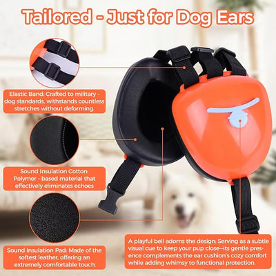 New Dog Ear Muffs for Noise Protection - 30dB NRR Dog Headphones, Noise Cancelling Hearing Protection Against Thunder/Fireworks/Vacuums, Upgraded Design with Bell Accent (Orange, Medium)
