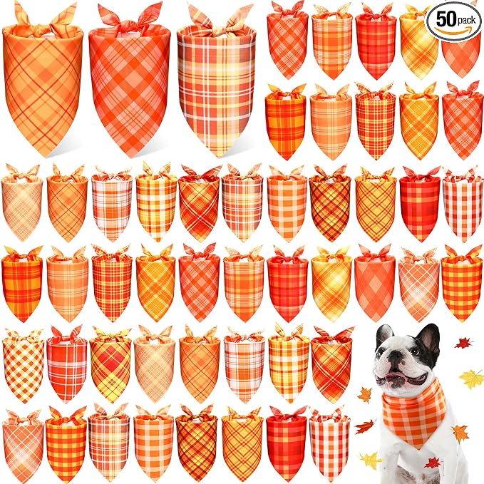 50 Pcs Fall Plaid Dog Bandanas Bulk Autumn Gingham Bandanas for Dogs Triangle Kerchief Bib Scarf for Pet Thanksgiving Party Costume Photo Props Accessories, 25 Styles(31.5 x 21.7 x 21.7)