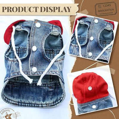 Cool Dog Jean Jacket Vest with D-Ring Blue Denim Dogs Hoodies Outfits for Small Medium Dogs Cats Boy Male Dog Clothes Costume Dogggie Puppy Harness Coat for Frenchie Walking(Red Hat,M)