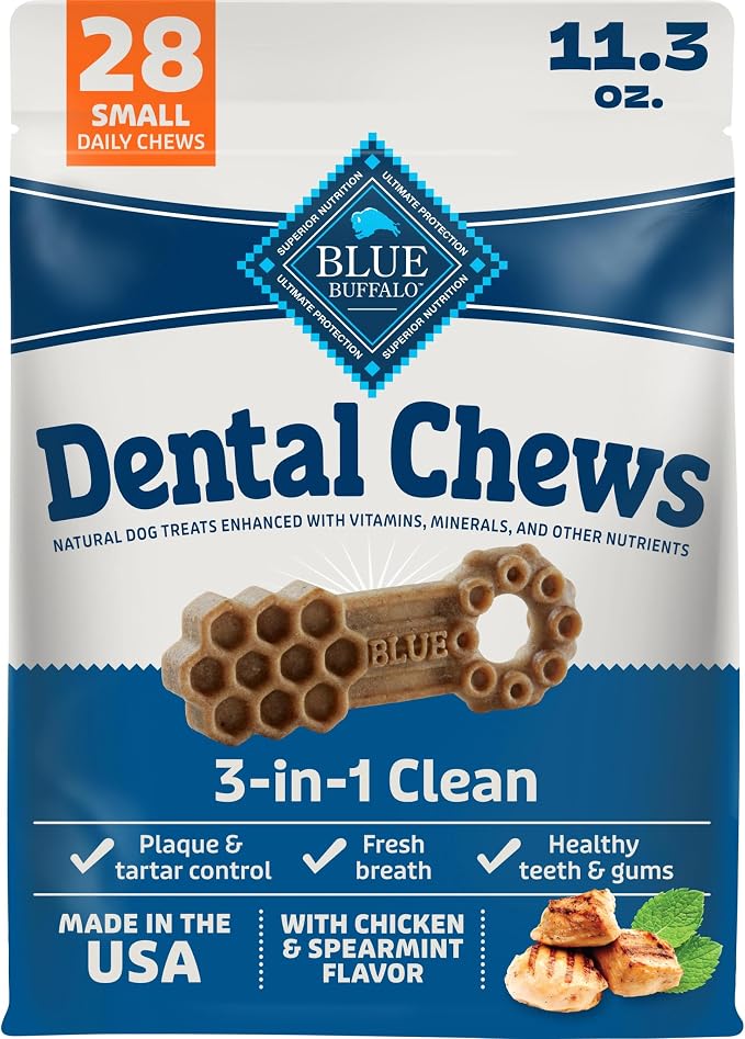 Blue Buffalo Natural Dental Chews for Small Dogs 5-20 lbs., Chicken & Spearmint, Daily Teeth Cleaning Dog Treats, Enhanced with Vitamins & Minerals, 11.3-oz. Bag (28 Treat Count)