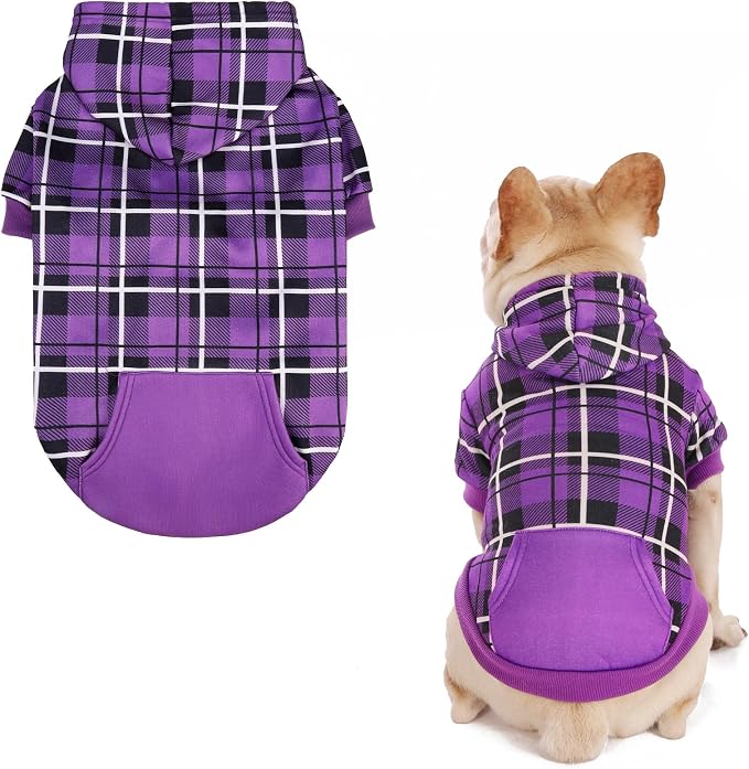 EXPAWLORER Plaid Dog Hoodie - British Style Warm Dog Sweater Shirt with Leash Hole,Pitbull Clothes Outfits,Winter Coat Apparel for All Breeds Puppy Girl Boy-Cat Apparel,Purple Small
