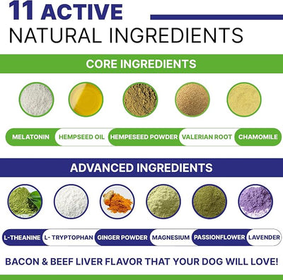Advanced Dog Calming Chews - Anxiety Relief Treats w/Melatonin + Valerian Root - Calm & Sleep Aid Bites - Stress Relief During Fireworks Storms Separation - Anti Anxiety & Aggression Pill