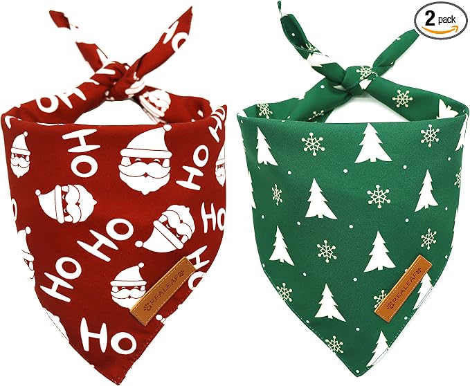 Realeaf Christmas Dog Bandanas 2 Pack, Christmas Tree and Santa Claus Dog Scarf for Boy and Girl, Premium Durable Fabric, Holiday Bandana for Small Medium Large and Extra Large Dogs (Small)