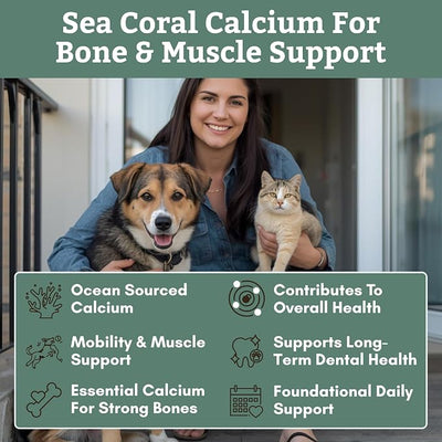 Wholistic Pet Organics Pure Powder Calcium for Dogs and Cats - Supports Strong Bones, Teeth & Muscles - Sea Coral Cat and Dog Calcium Supplement with 72 Trace Minerals - Pet Food Topper - 60 Scoops