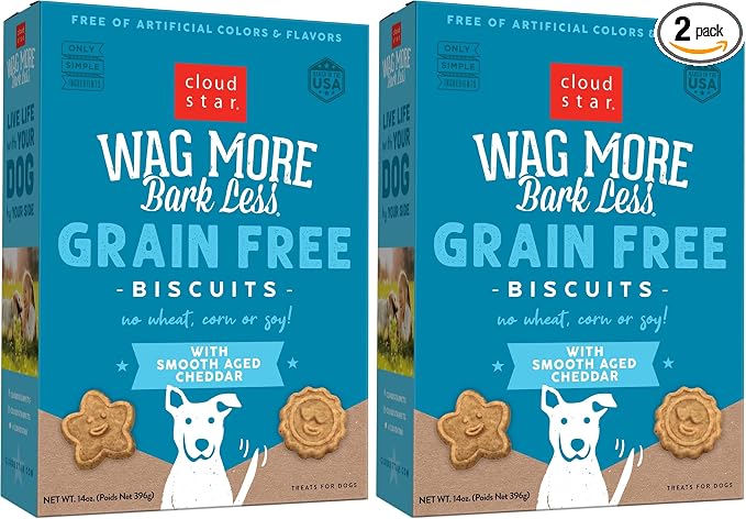 Wag More Bark Less Crunchy Grain Free Dog Treats, Cheddar Cheese, 14 oz. Box (Pack of 2)