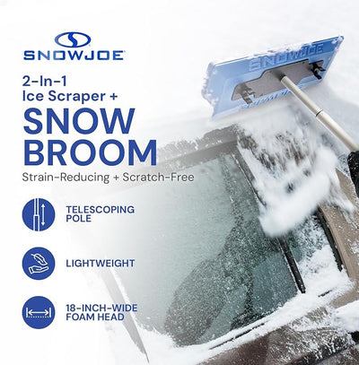 Snow Joe 18" Telescoping Snow Broom & Ice Scraper for Cars, No-Scratch Foam Brush - Long and Extendable Ice Removal Tool for Car Window and Automotive Windshield, SJBLZD