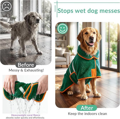 Bienbee Dog Bathrobe, Quick Drying Super Absorbent Pet Robes for Small Medium Large Dogs, Drying Coat for After Bath & Swim, Warm & Cozy Dogs Towels, Dog Puppy Bath Supplies, Green L