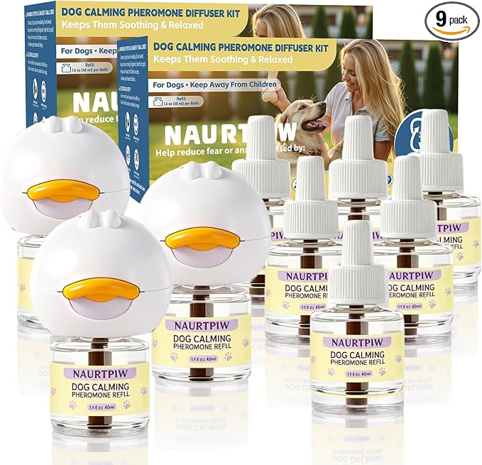 Dog Calming Diffuser – 3 Plug-in + 6 Refills, 180-Day Stress Relief, Dual-Pheromone Formula for Anxiety, Barking, Chewing & Indoor Peeing, Advanced Dog Calming Pheromones Diffuser Kit