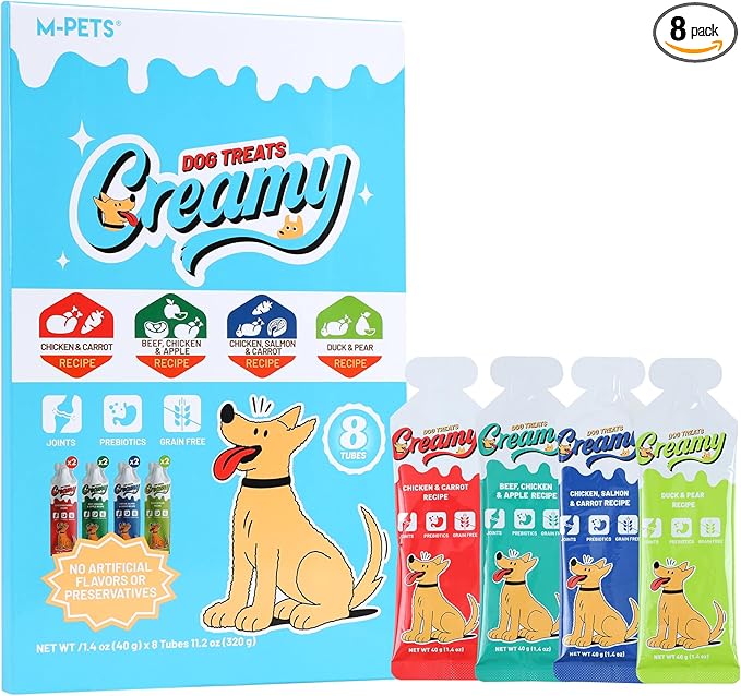 Creamy Lickable Dog Treats, 4 Flavor Variety Pack, 8 Tubes Squeeze Up Soft Dog Snacks for Puppies & Seniors, Reward Training or Food Topper,Low-Calorie Grain Free Puree for Joint & Digestive Health