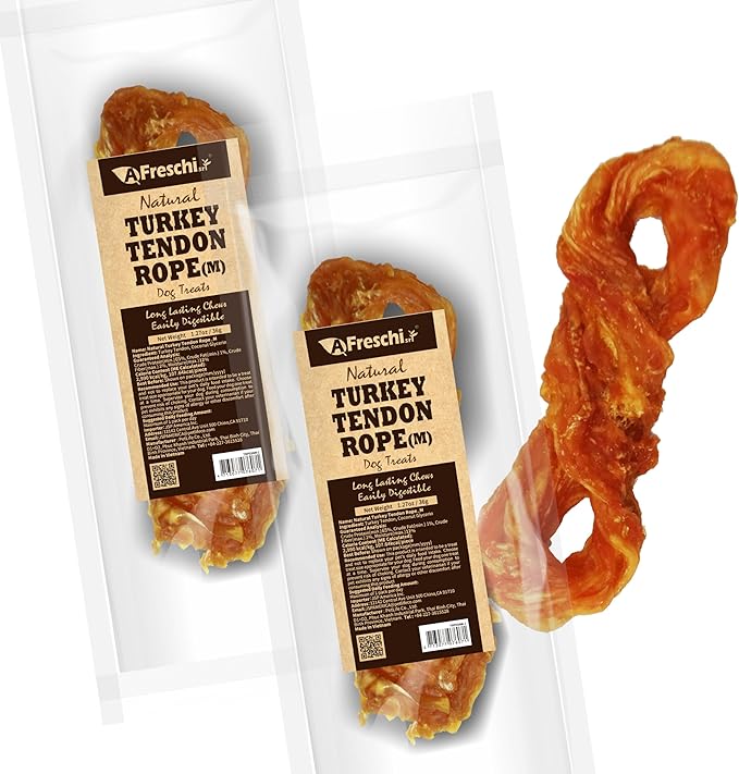 Turkey Tendons for Dogs, Long-Lasting, Hypoallergenic Rawhide Alternative, Human Grade, Healthy Puppy Chews, Natural Dog Treats for Medium Dogs, Rope (M), 2 Count Pack
