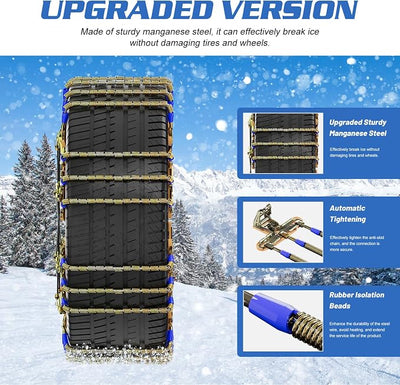 Upgraded Snow Chains 8 Pack, Tire Chains for Passenger Cars, Pickups, and SUVs, Universal Adjustable Emergency Portable Snow Tire Chains for Tire Width 215-285mm