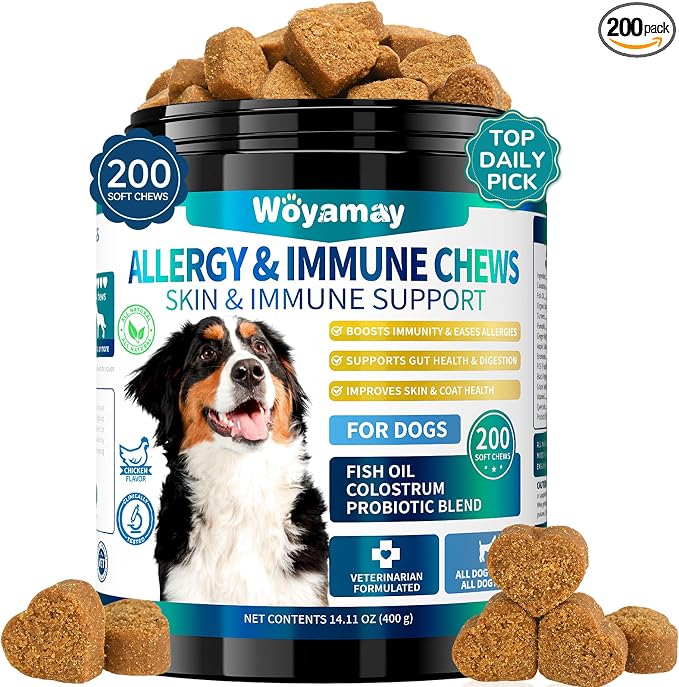 Dog Allergy Chews for Dog Itching Skin Relief, 200 Dog Allergy Relief Treats with Probiotics for Dogs, Immune Support & Skin Relief for Seasonal Allergies, Gut & Digestive Health, Chicken Flavor