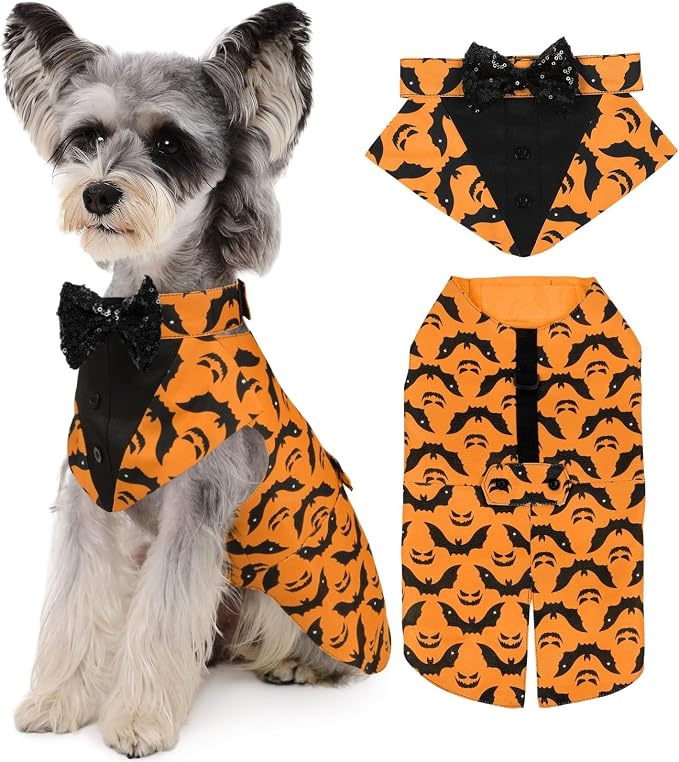 Kuoser Dog Tuxedo Suit and Bandana Set, Bat Pumpkin Print Dogs Halloween Outfit Adjustable Dog Halloween Costume with Bow Tie for Large Medium Small Dogs Golden Retriever Samo Bulldogs, Orange M