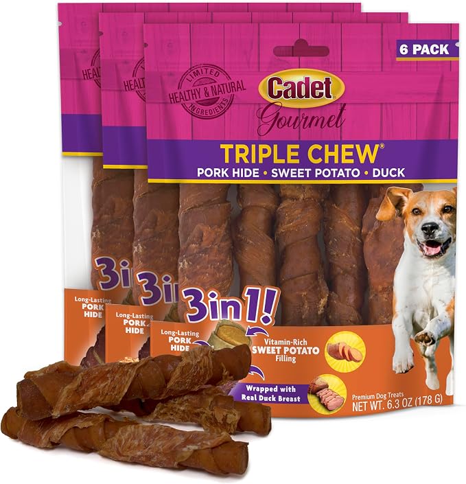 Gourmet Triple Chews Long-Lasting Pork Hide Sticks with Sweet Potato and Duck, Healthy Dog Treats for Small & Large Dogs, 18 Count