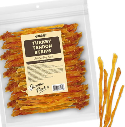 VITADAY All Natural Turkey Tendon Dog Treats, Strips, 1 lb | Long-lasting dog training treats, rawhide-free, made of USA-sourced premium turkey tendons