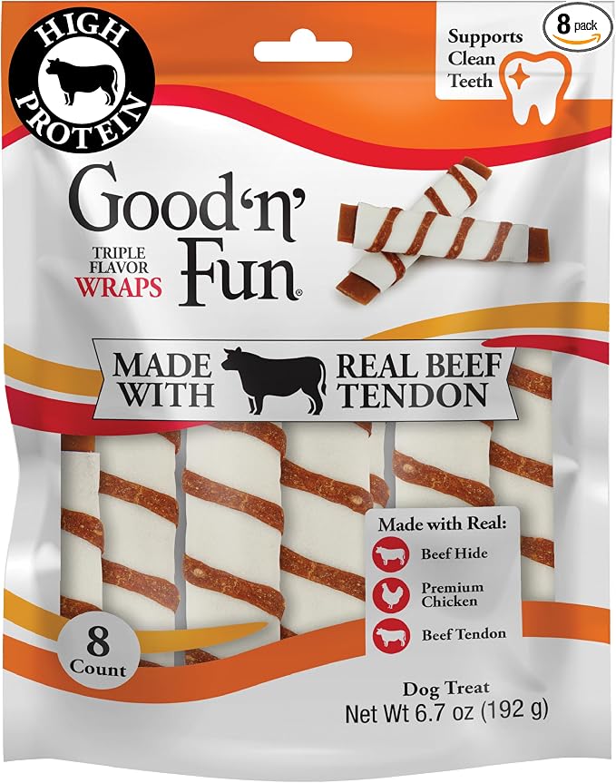 GOOD N' FUN Triple Flavor Wraps with Beef Tendon Chews, High-Protein Dog Treat for All Adult Dogs, Made with Real Beef Hide, Chicken & Beef Tendon, 8 Count
