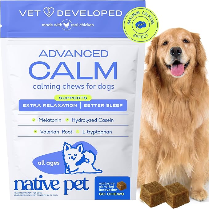 Native Pet Advanced Calming Chews for Dogs - Anxiety Relief, Stress, Separation, Travel & Sleep Support with Melatonin for Dogs, Hydrolyzed Casein, Valerian Root & L-Tryptophan -60 Chews