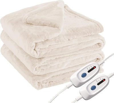 Eydna Electric Heated Blanket Queen Size 84"x90", Soft Plush Microplush for Bed, Dual Controllers & Dual Heating Zones, 10 Hours Auto Off & 4 Heating Levels, Machine Washable, Gifts for Womens-White