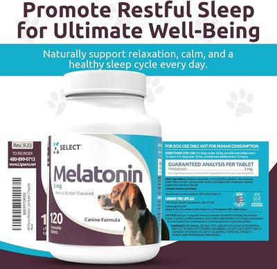 K9 Select Melatonin for Dogs - Calming Aid - Adrenal Support Sleep Aid - Reduce Stress, Pet Melatonin Treats for Medium Sized - 3 mg, 120 Peanut Butter Flavored Tablets