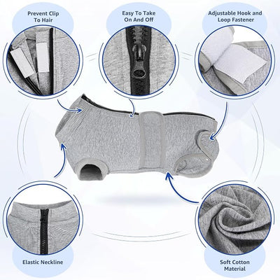 Lukovee Recovery Suit for Dogs, Zipper On Recovery Suit for Female Male Dog, Onesie Abdominal Wounds Cone E-Collar Alternative Prevent Licking Spay Recovery Suit (XS, GY)