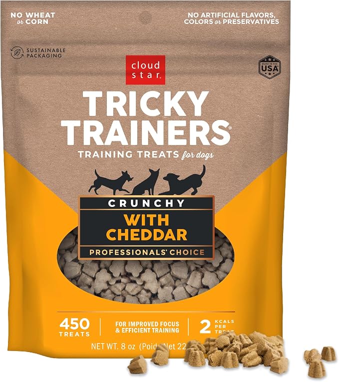 Tricky Trainers Crunchy Dog Training Treats 8 oz Pouch, Cheddar Flavor, Low Calorie Behavior Aid with 450 treats.