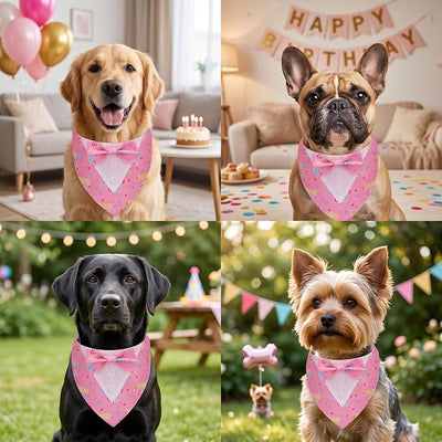 ADOGGYGO Birthday Girl Dog Tuxedo Bandana, Pink Collar with Bow Tie, Adjustable Formal Birthday Costume for Small Dogs (S)