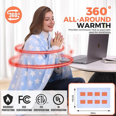 KSFJZF Heated Blanket, Cordless Portable Heated Throw Blanket, Battery Operated Heating Blanket with Rechargeable 20000mAh Power Bank, 59" x 35.5" Electric Heated Shawl, 3 Fast-Heating Levels (Blue)