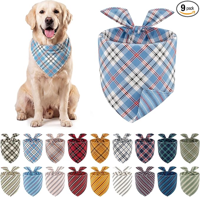 9 Pack Reversible Large Dog Bandanas Dual Sided Buffalo Plaid Striped Dog Triangle Bibs Washable Adjustable Pet Scarf Handkerchief Puppy Bandana for Small Medium Cats Boy Girl Daily Birthday