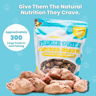 Hotspot Pets Freeze Dried Chicken Hearts for Cats & Dogs- 1LB Bag (300+pcs) USA Made, Healthy Single Ingredient All Natural Grain Free- Resealable -Perfect for Training, Topper or Snack, Allergen-Free