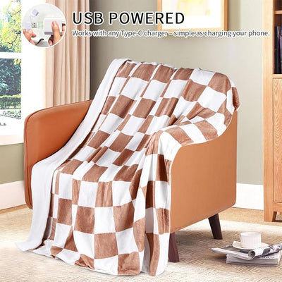 USB Powered Heated Throw Blanket for Women, 50" X 60" 9V 18W Portable Brown Grid Print Electric Heating Blanket with 3 Heat Setting,8-Zone Graphene Heating Blankets for Couch Car Office Outdoor