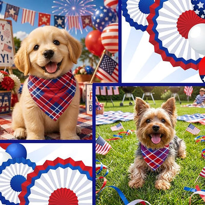 Abbylike 50 Pcs 4th of July Plaid Dog Bandanas Bulk Red White Blue Gingham Bandana for Dogs Triangle Kerchief Bib Scarf for Pet Independence Day 250th Anniversary Patriotic Party Costume, 25 Styles