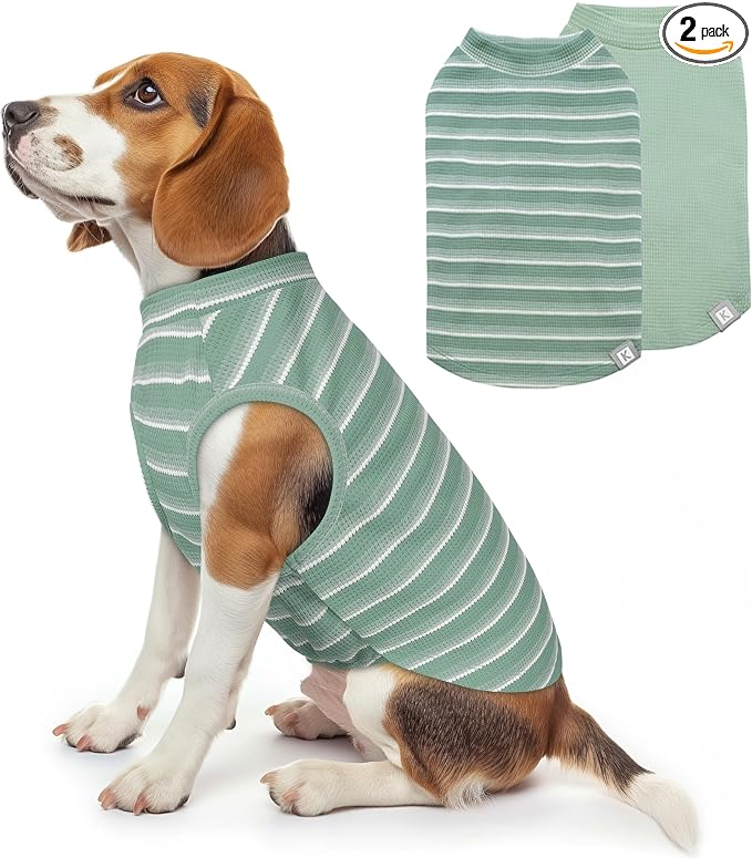 2Pack Waffle Dog Shirts, Lightweight Sleeveless Dog T Shirts for Medium Large Dogs Boy Girl, Breathable Pet Vest Comfortable Tank Top Soft Dogs Clothes for Daily Wear, Green+Striped, 2XL