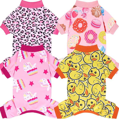 XPUDAC 4 Pack Dog Pajamas Soft Strechy Duck Pink Print Dog Clothes for Small Medium Dogs Girl Boy Cat Apparel, S