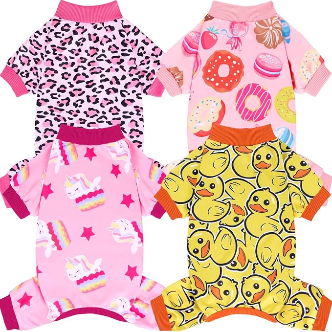 4 Pack Dog Pajamas Soft Strechy Duck Pink Print Dog Clothes for Small Medium Dogs Girl Boy Cat Apparel, L