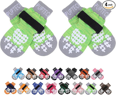 PUPTECK Anti-Slip Dog Socks with Double Sides Grips for Small Medium Large Dogs Hardwood Floors Prevents Licking, Dog Shoes for Hot Pavement Traction Control for Senior Dogs, Fluorescent Green, S