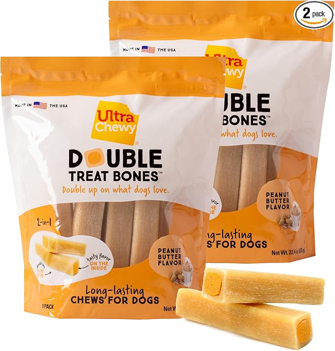 Peanut Butter Double Treat Bones: Long-Lasting Dog Treats Made in USA for Large and Small Breeds, Highly Digestible, Ideal for Aggressive Chewers (2 Value Packs)