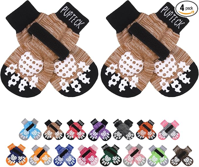 PUPTECK Anti-Slip Dog Socks with Double Sides Grips for Small Medium Large Dogs Hardwood Floors Prevents Licking, Dog Shoes for Hot Pavement Traction Control Paw Protector for Senior Dogs, Khaki S