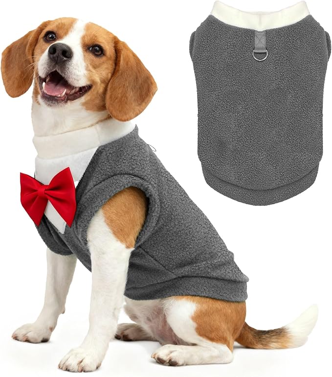Cute Dog Fleece Sweater with D-Ring, Fall Winter Dog Clothes Tuxedo Costume with Bowtie, Soft Puppy Sweatshirt Corgi Bulldog Apparel Dachshund Outfits for Small Medium Large Dogs(Grey,5XL)