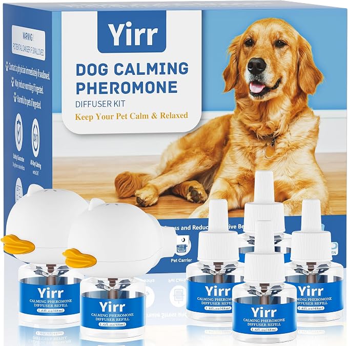Dog Calming Pheromone Diffuser Kit, 180 Days Long Lasting Calming Diffuser for Dogs, Relieves Anxiety, Barking, Fighting, Destructive Behavior & Accidental Peeing, 2 Diffusers 6 Refills, Odorless