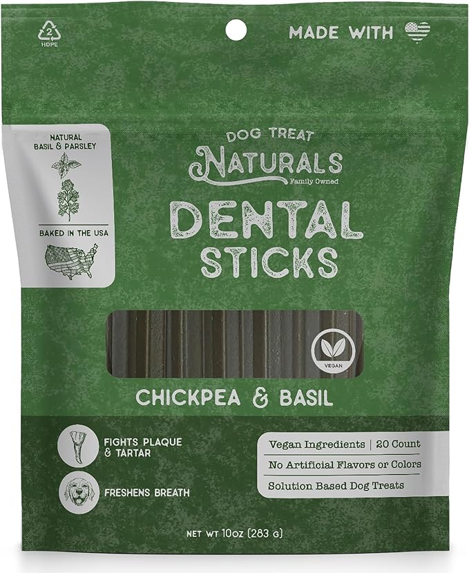 Chickpea & Basil Dental Sticks 10oz, 20ct | Dog Dental Chew Treats for Small, Medium, Large Dogs | Freshen Breath, Fight Plaque-Tartar | Natural Teeth Cleaning Treats | USA Made