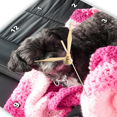 3dRose A Sweet Black Doggie on a Pink Blanket in Back seat of car 13x13 Wall Clock